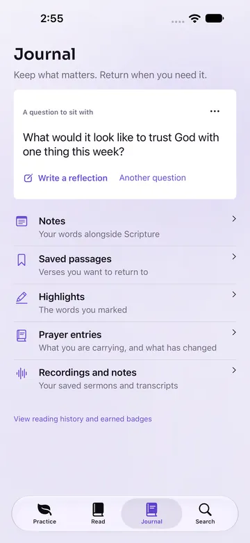 Leavn Journal tab with notes, saved passages, highlights, and prayer entries